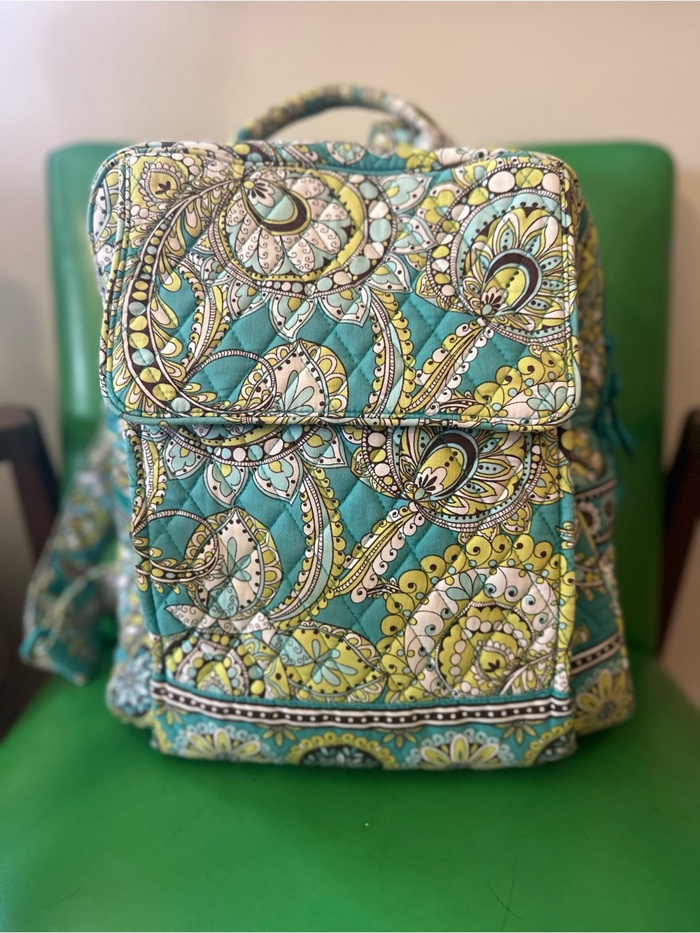 Vera Bradley Peacock Pattern Teal and Yellow Paisley Quilted Backpack